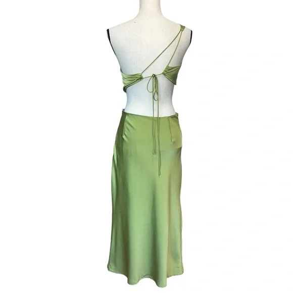 Showpo. Kaniva Midi Dress One Shoulder Open Back Dress in Olive Green Size 6 - Picture 2 of 16